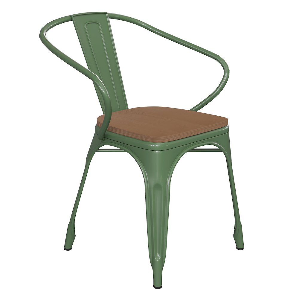Green Metal Indoor-Outdoor Chair with Arms with Teak Poly Resin Wood Seat