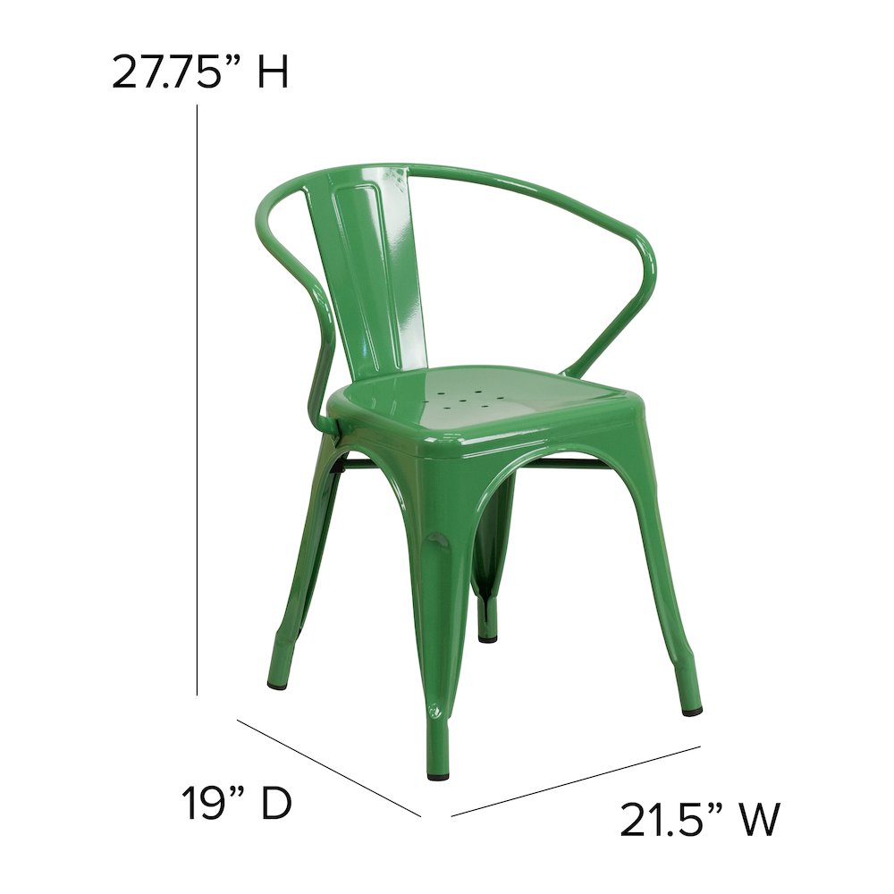 Green Metal Indoor-Outdoor Chair with Arms with Teak Poly Resin Wood Seat