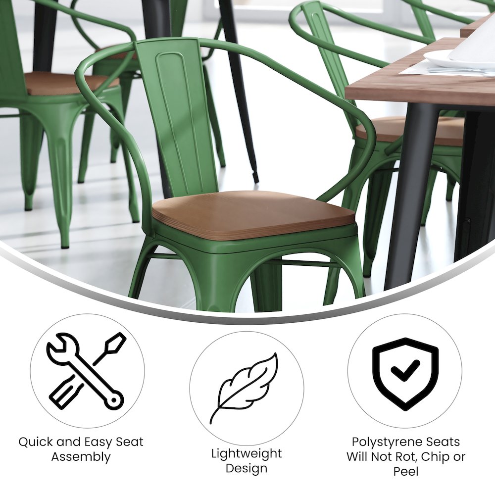 Green Metal Indoor-Outdoor Chair with Arms with Teak Poly Resin Wood Seat