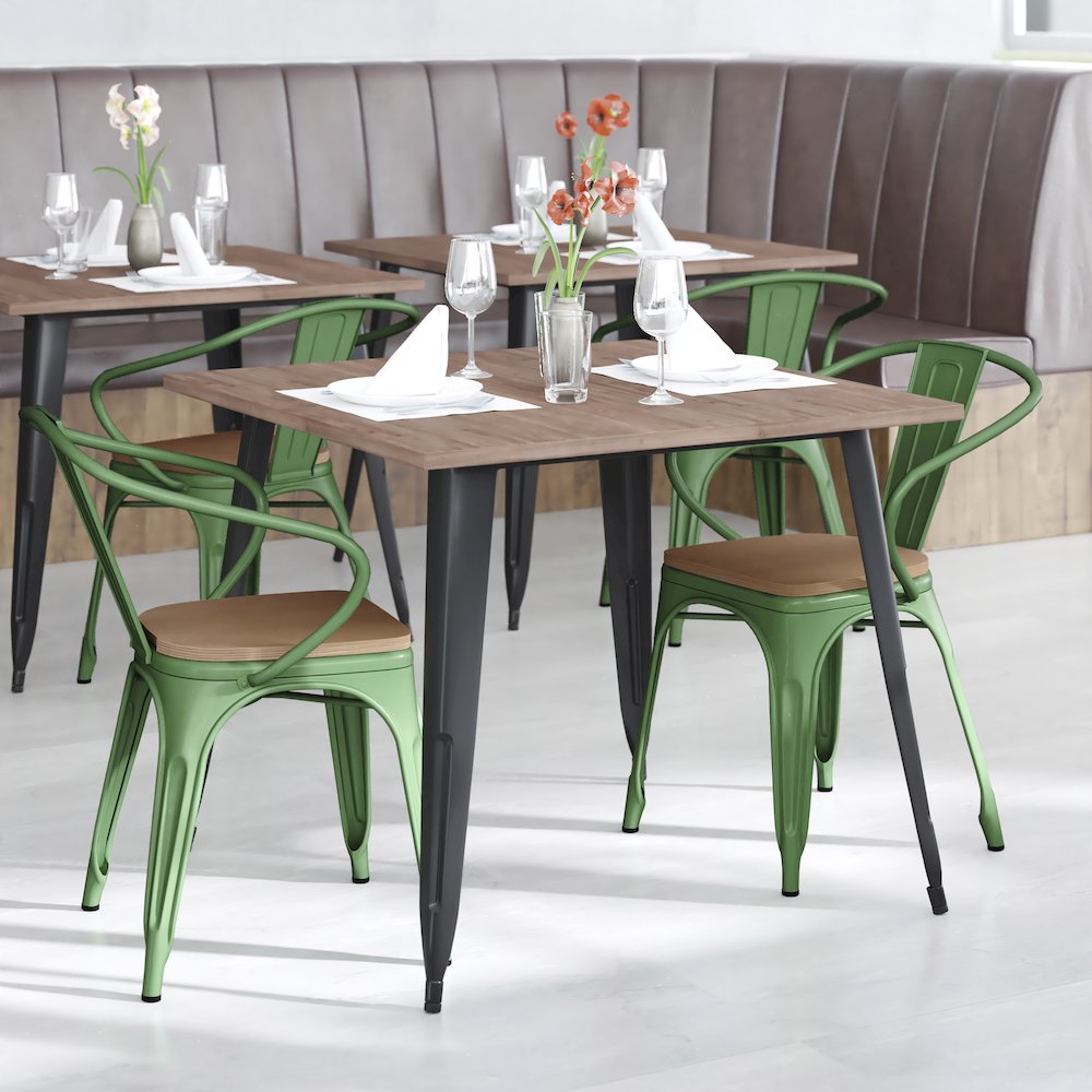 Green Metal Indoor-Outdoor Chair with Arms with Teak Poly Resin Wood Seat