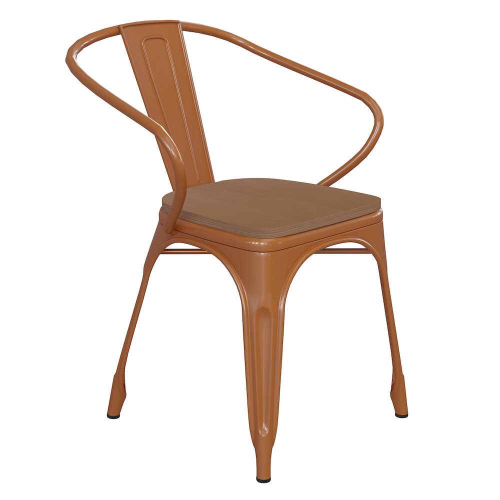 Orange Metal Indoor-Outdoor Chair with Arms with Teak Poly Resin Wood Seat