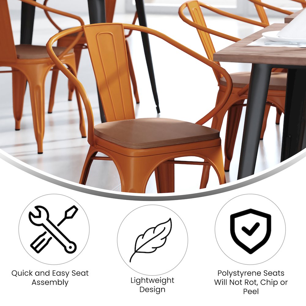 Orange Metal Indoor-Outdoor Chair with Arms with Teak Poly Resin Wood Seat