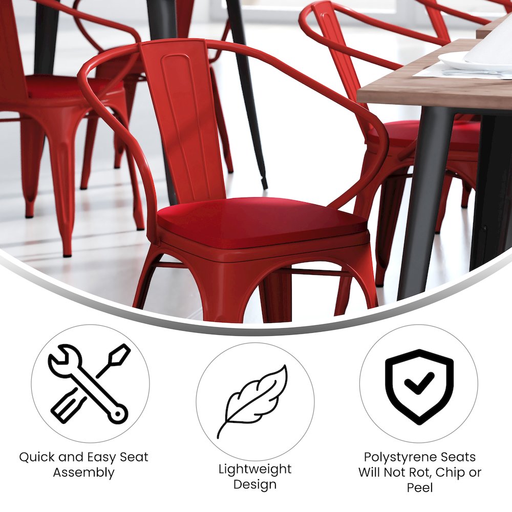 Red Metal Indoor-Outdoor Chair with Arms with Red Poly Resin Wood Seat