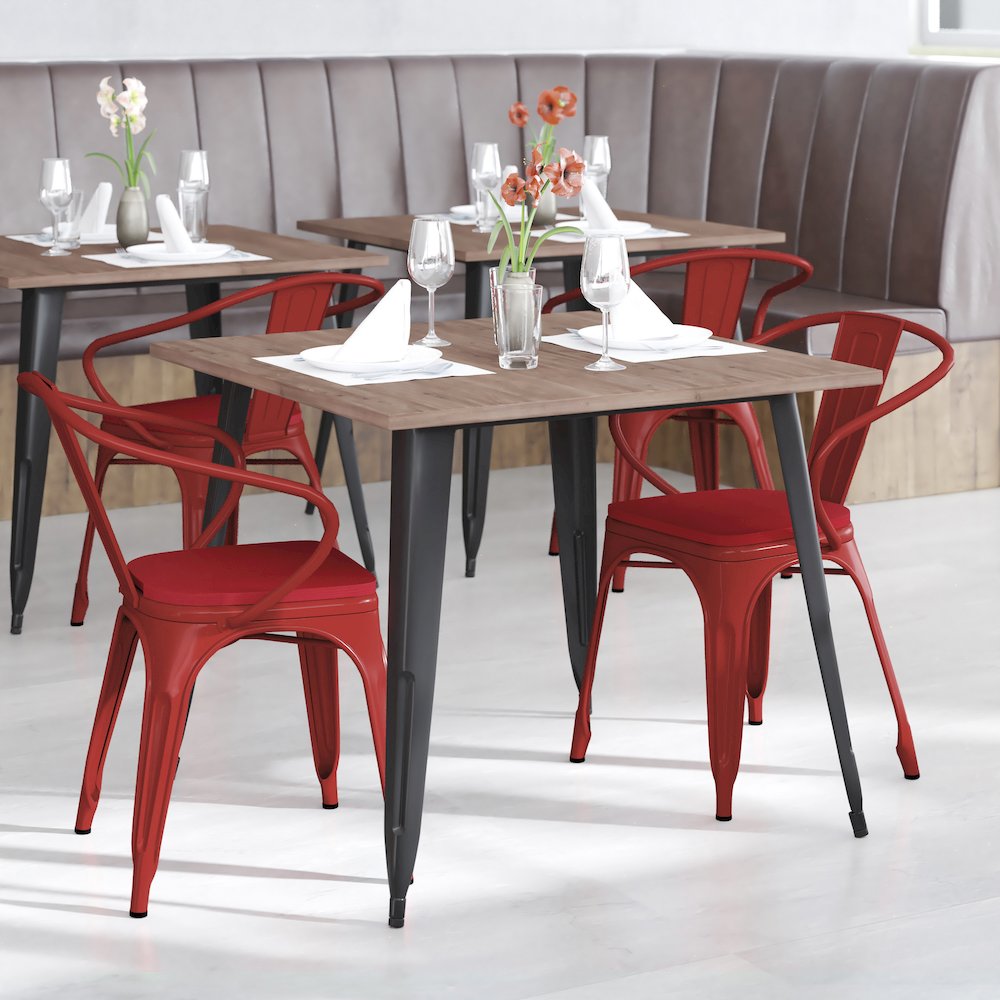 Red Metal Indoor-Outdoor Chair with Arms with Red Poly Resin Wood Seat