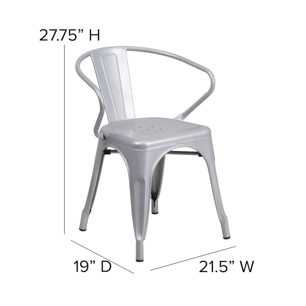 Silver Metal Indoor-Outdoor Chair with Arms with Gray Poly Resin Wood Seat