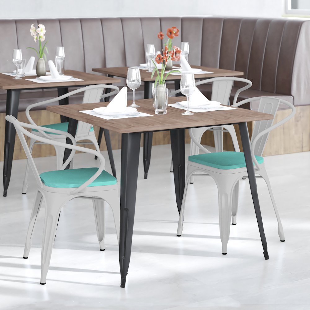 White Metal Indoor-Outdoor Chair with Arms with Mint Green Poly Resin Wood Seat