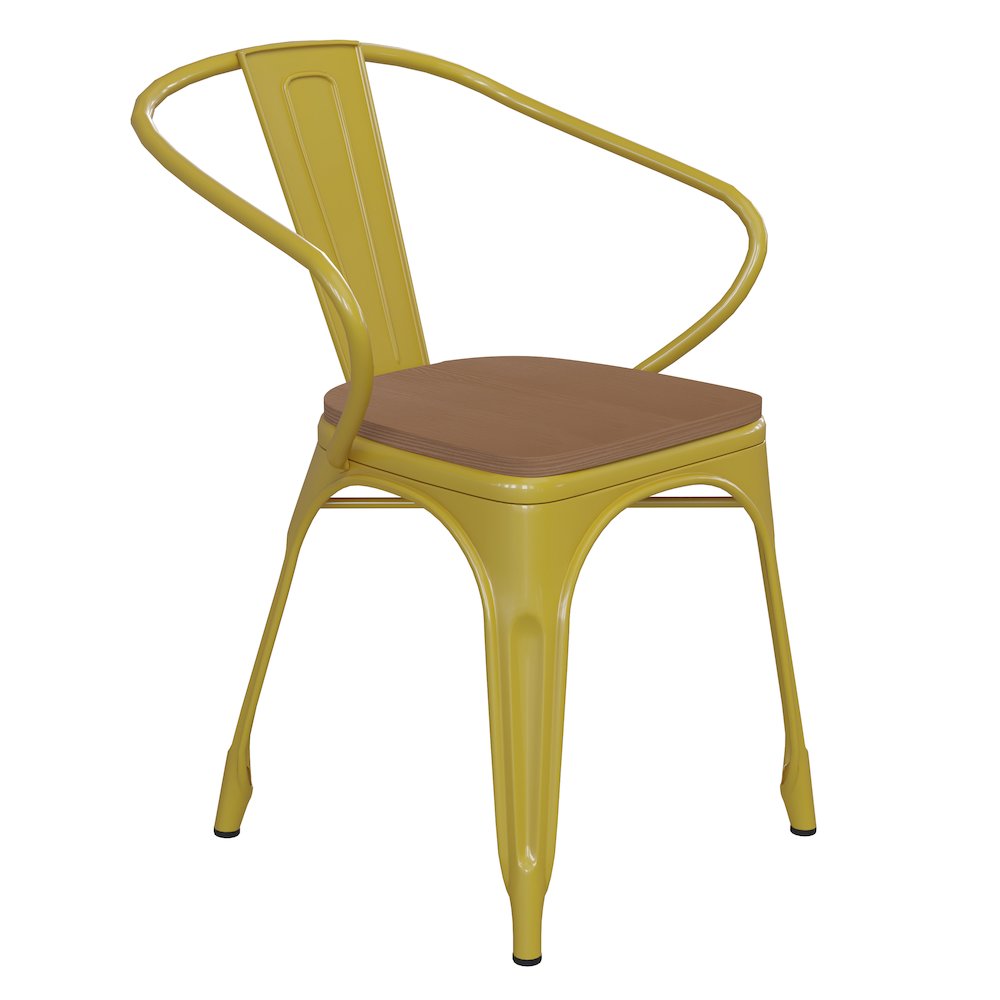 Yellow Metal Indoor-Outdoor Chair with Arms with Teak Poly Resin Wood Seat
