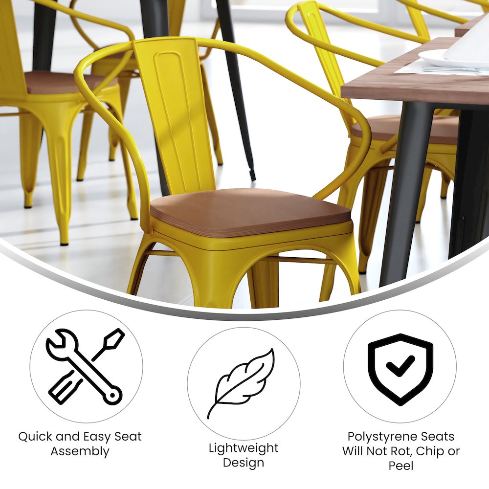 Yellow Metal Indoor-Outdoor Chair with Arms with Teak Poly Resin Wood Seat
