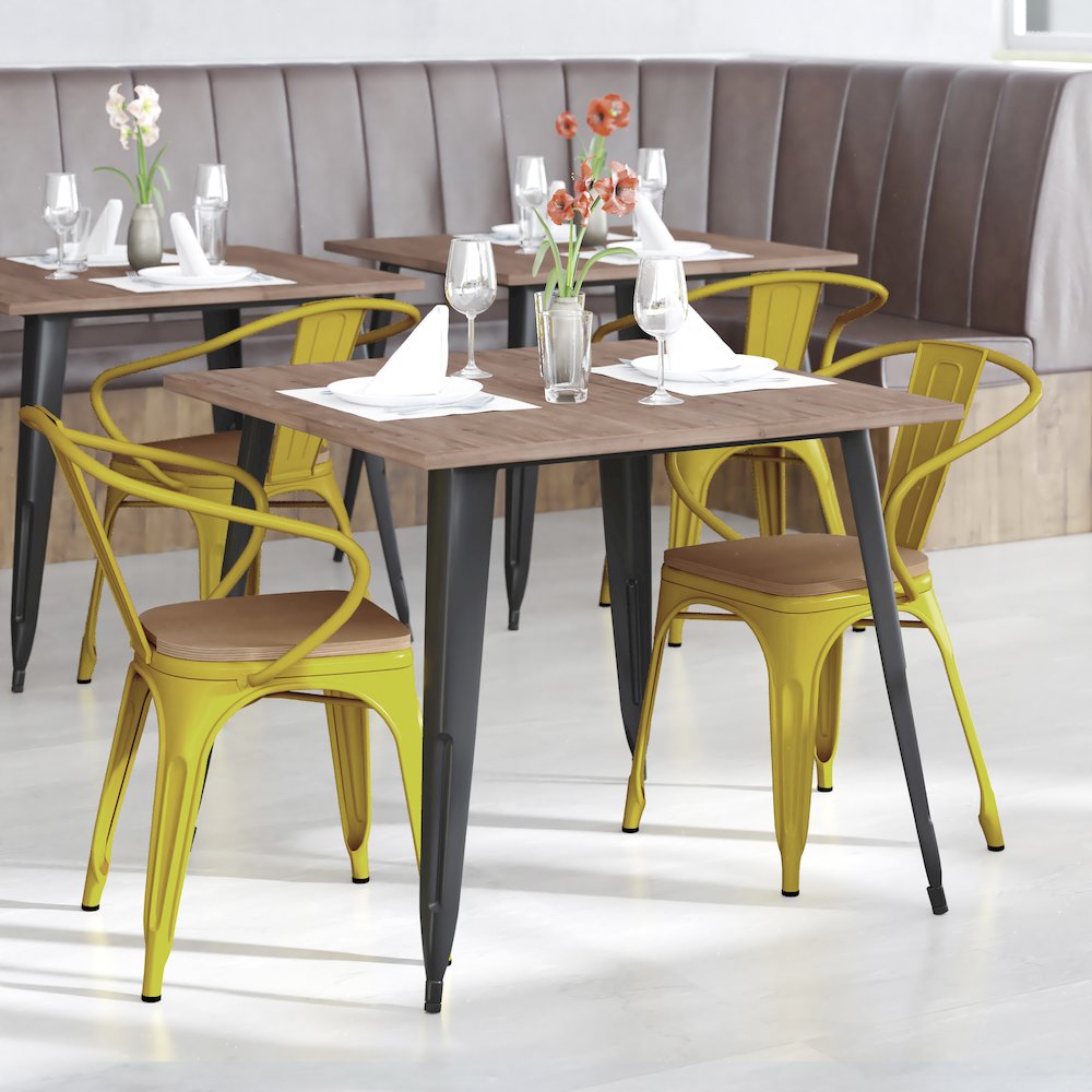 Yellow Metal Indoor-Outdoor Chair with Arms with Teak Poly Resin Wood Seat