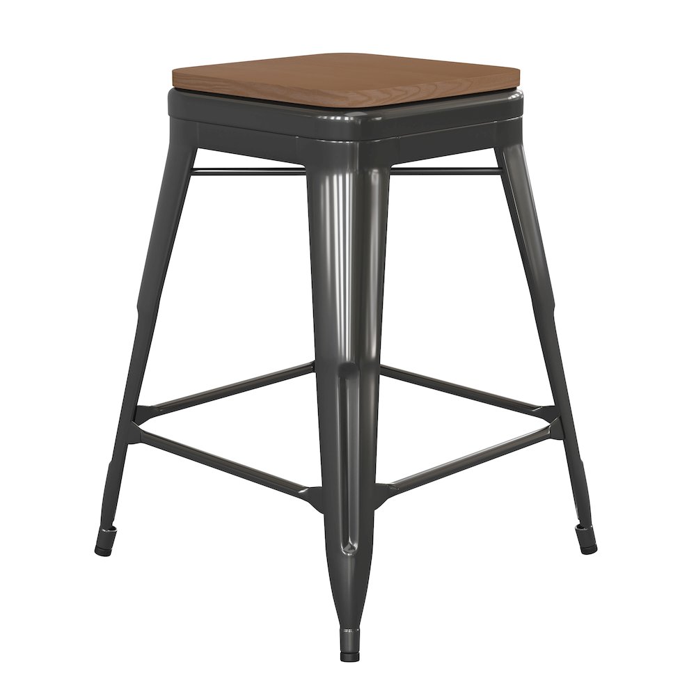 24″ High Black Metal Indoor-Counter Height Stool with Teak Poly Resin Wood Seat