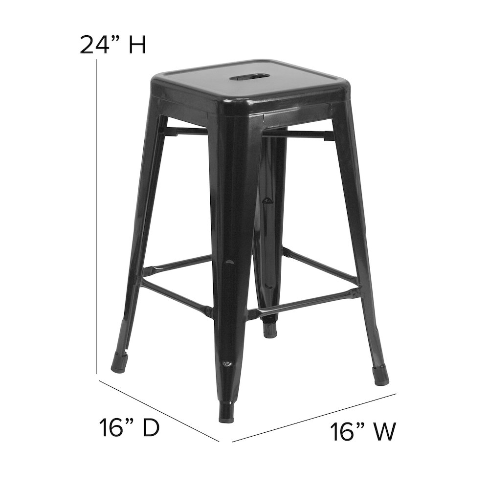 24″ High Black Metal Indoor-Counter Height Stool with Teak Poly Resin Wood Seat