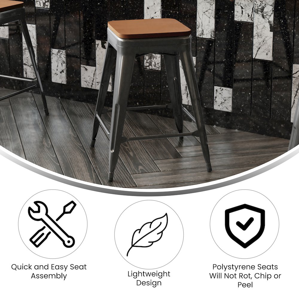 24″ High Black Metal Indoor-Counter Height Stool with Teak Poly Resin Wood Seat