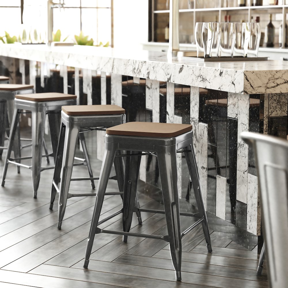 24″ High Black Metal Indoor-Counter Height Stool with Teak Poly Resin Wood Seat