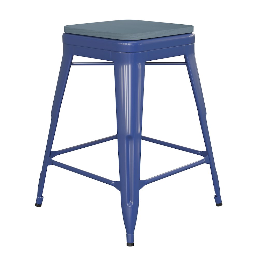 24″ High Blue Metal Counter Height Stool with Teal-Blue Poly Resin Wood Seat