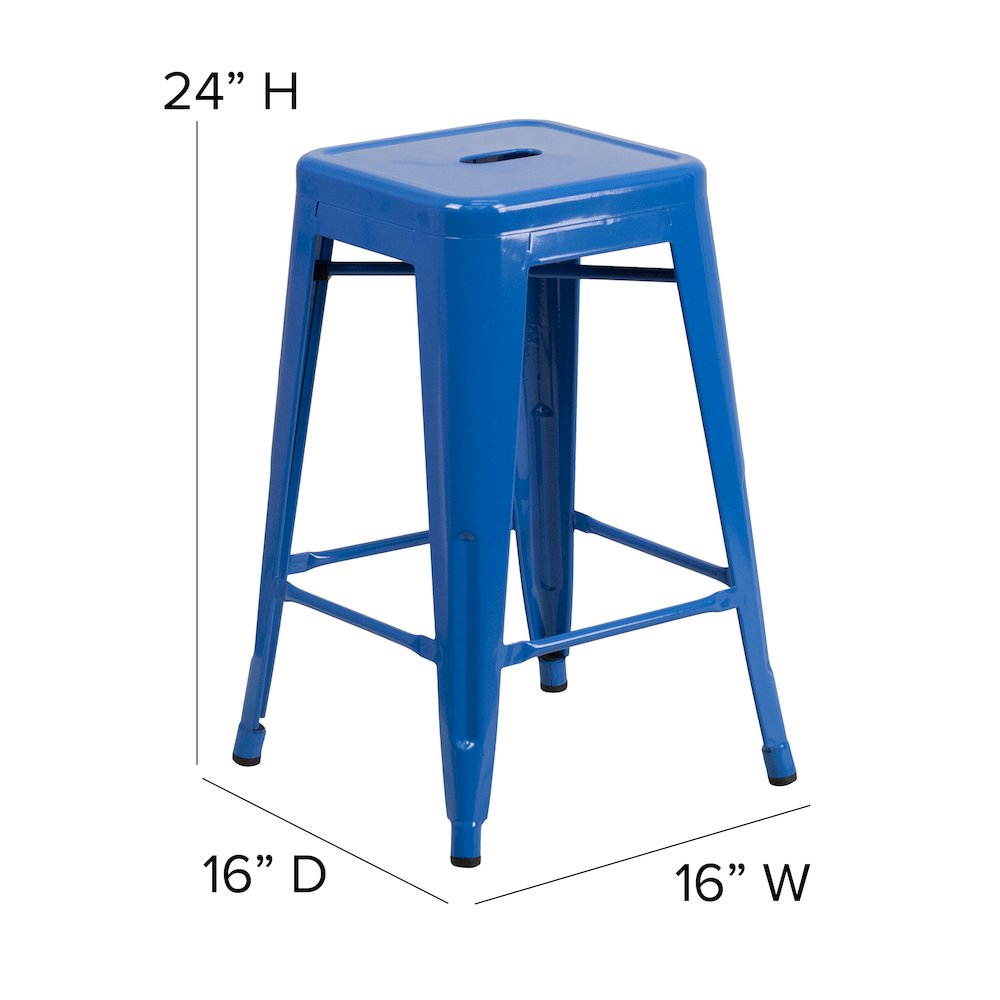 24″ High Blue Metal Counter Height Stool with Teal-Blue Poly Resin Wood Seat