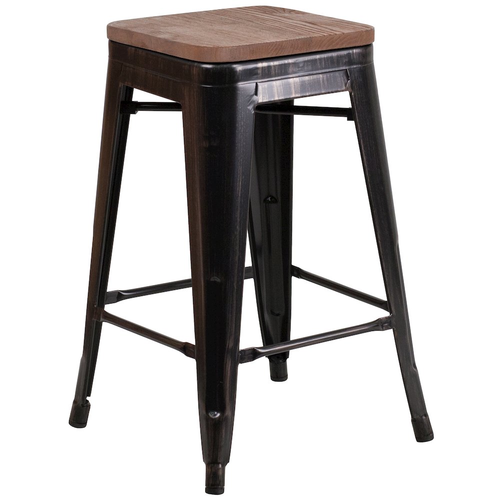24″ High Backless Black-Antique Gold Metal Counter Height Stool with Wood Seat