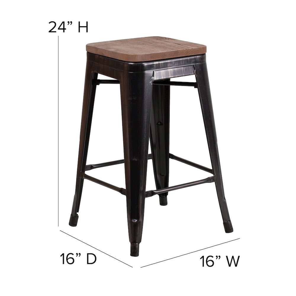 24″ High Backless Black-Antique Gold Metal Counter Height Stool with Wood Seat