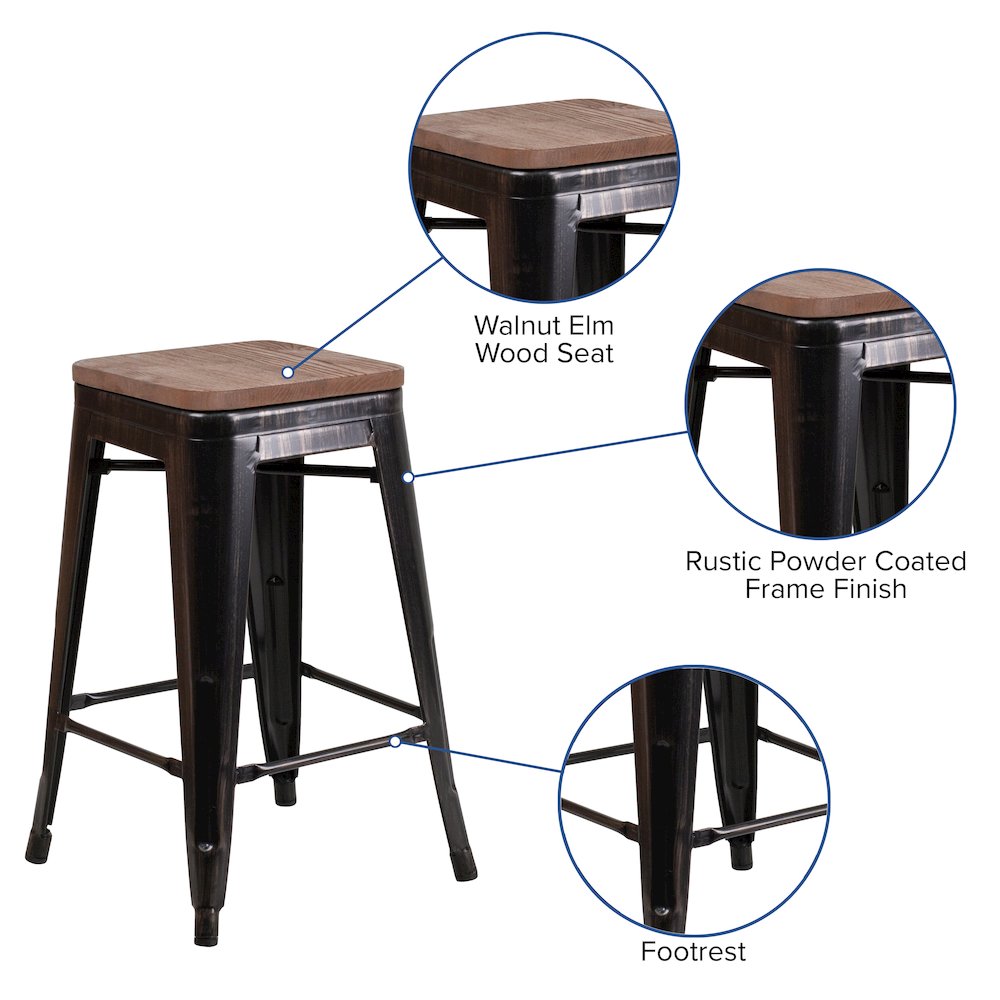 24″ High Backless Black-Antique Gold Metal Counter Height Stool with Wood Seat