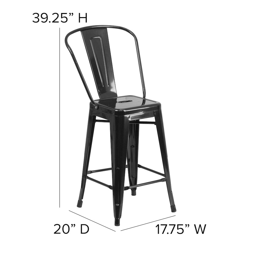 24″ High Black Metal Indoor-Counter Height Stool with Removable Back