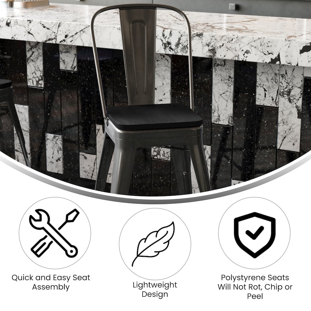 24″ High Black Metal Indoor-Counter Height Stool with Removable Back