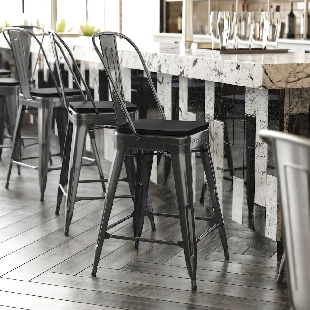 24″ High Black Metal Indoor-Counter Height Stool with Removable Back