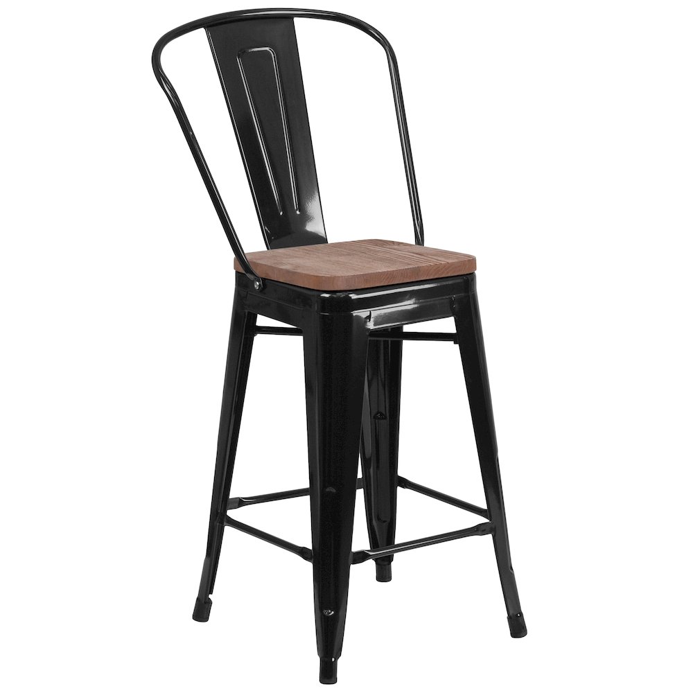 24″ High Black Metal Counter Height Stool with Back and Wood Seat