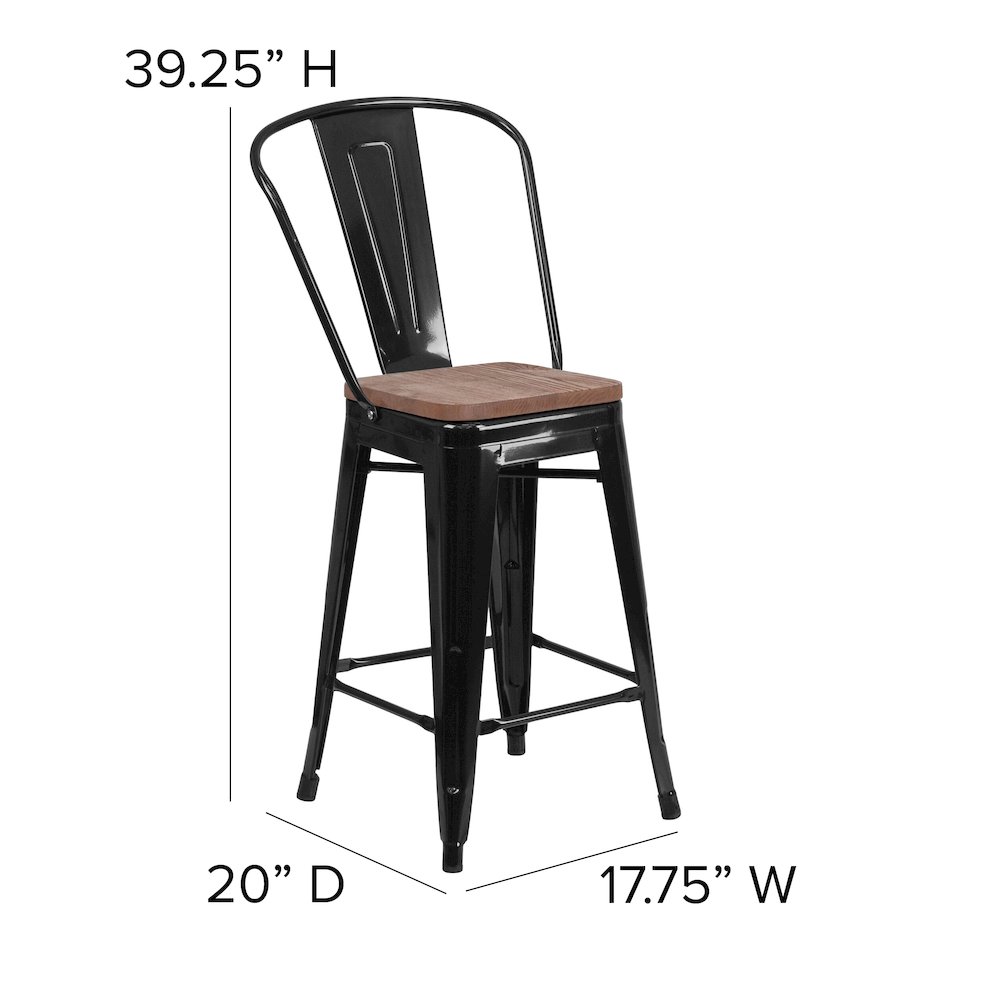 24″ High Black Metal Counter Height Stool with Back and Wood Seat