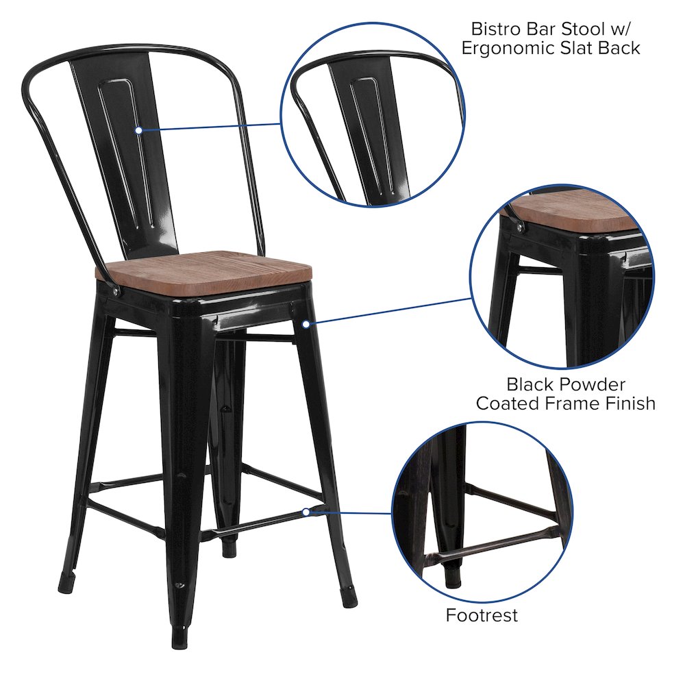 24″ High Black Metal Counter Height Stool with Back and Wood Seat