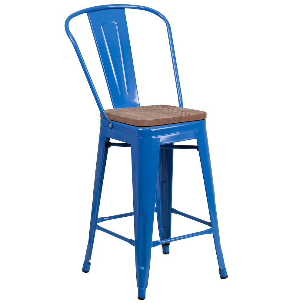 24″ High Blue Metal Counter Height Stool with Back and Wood Seat