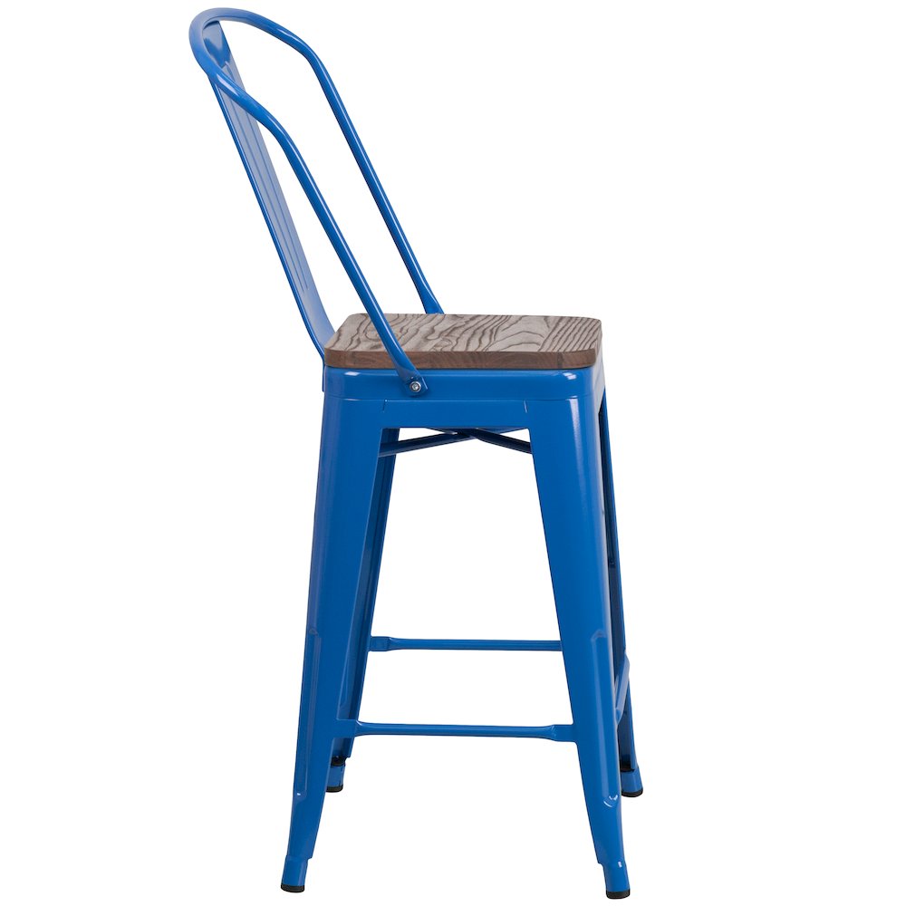 24″ High Blue Metal Counter Height Stool with Back and Wood Seat