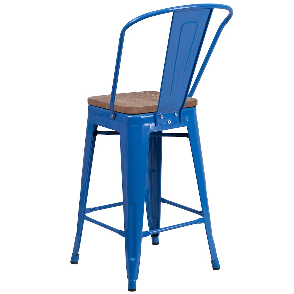 24″ High Blue Metal Counter Height Stool with Back and Wood Seat