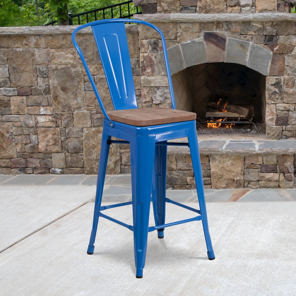 24″ High Blue Metal Counter Height Stool with Back and Wood Seat
