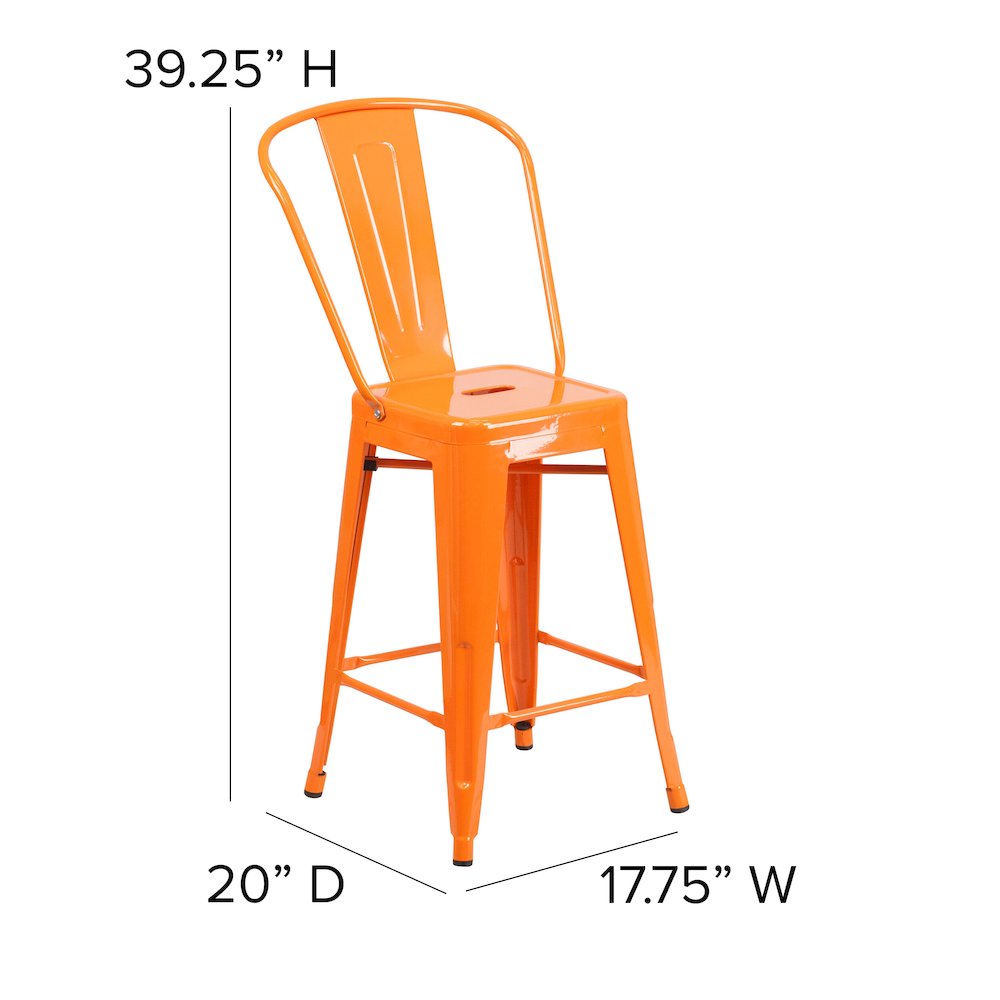 24″ High Orange Metal Indoor-Counter Height Stool with Removable Back