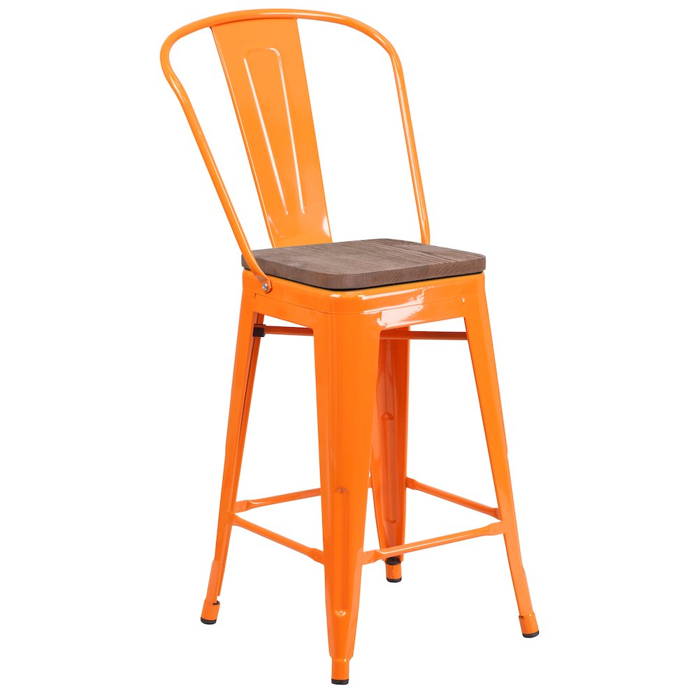 24″ High Orange Metal Counter Height Stool with Back and Wood Seat