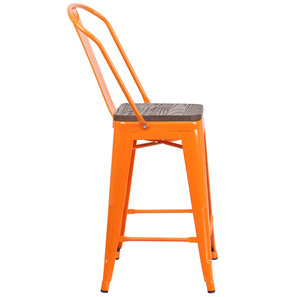 24″ High Orange Metal Counter Height Stool with Back and Wood Seat