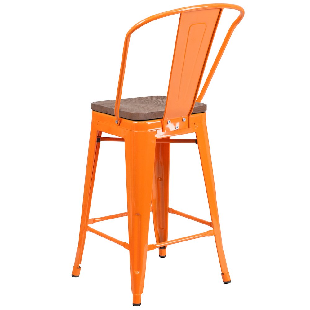 24″ High Orange Metal Counter Height Stool with Back and Wood Seat