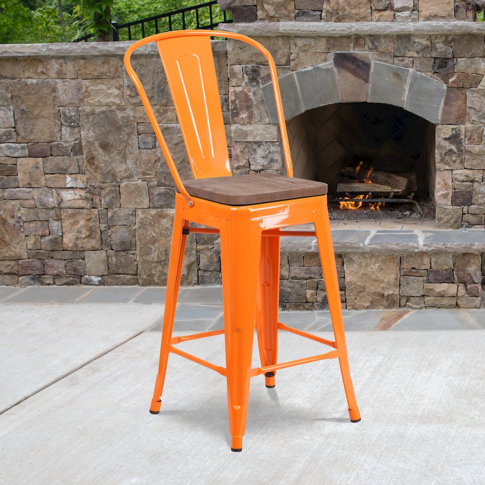 24″ High Orange Metal Counter Height Stool with Back and Wood Seat