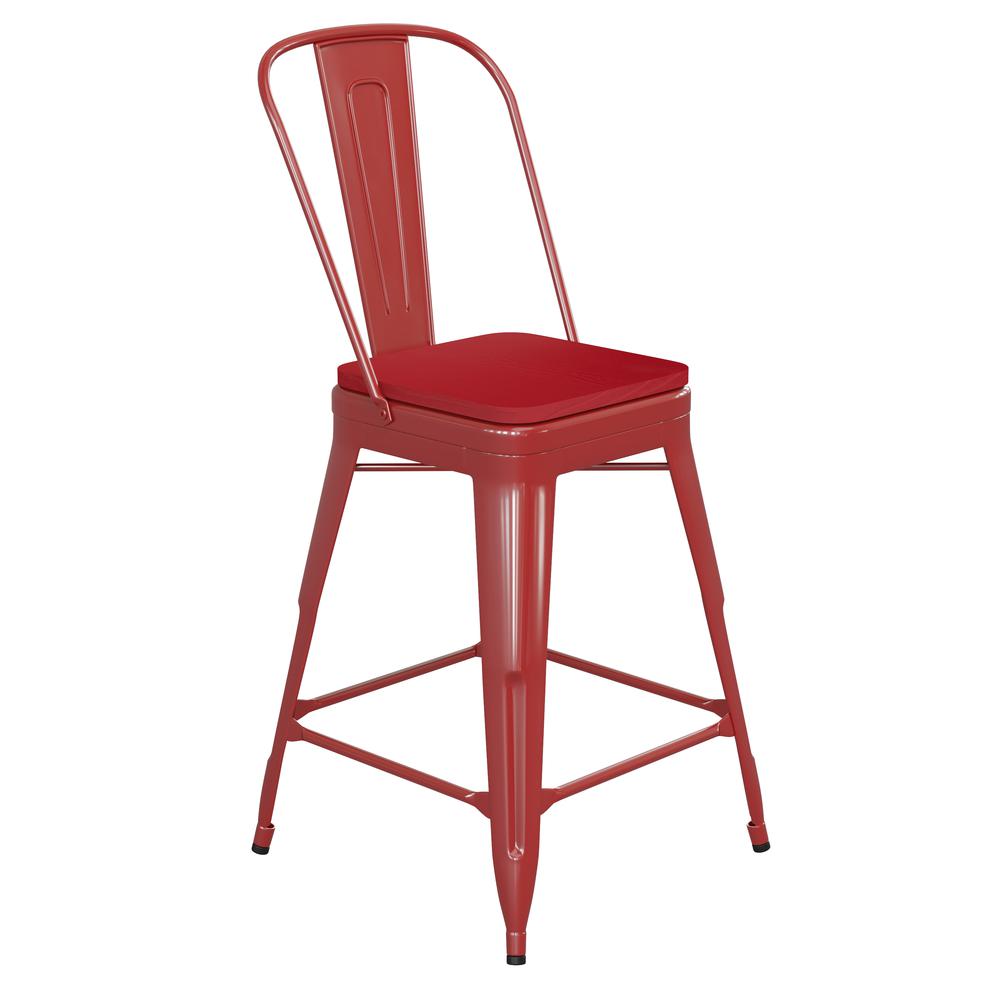 24″ High Red Metal Indoor-Counter Height Stool with Removable Back