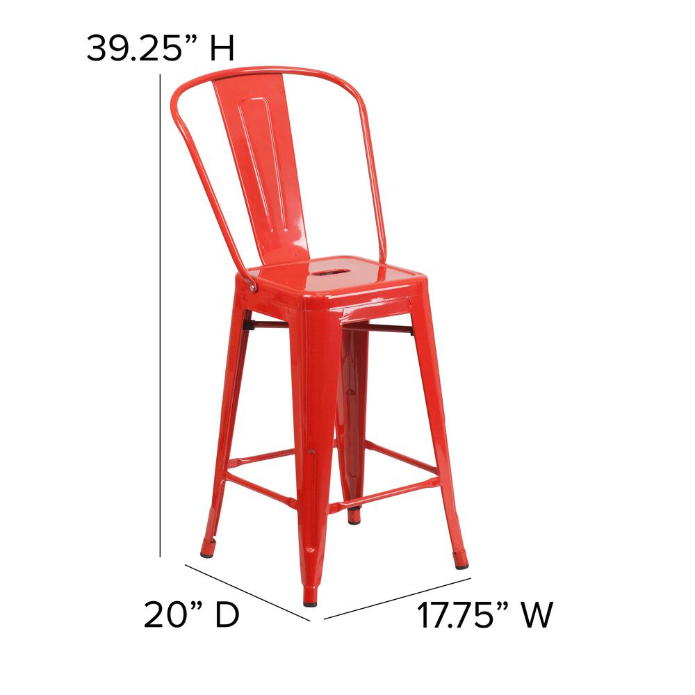 24″ High Red Metal Indoor-Counter Height Stool with Removable Back