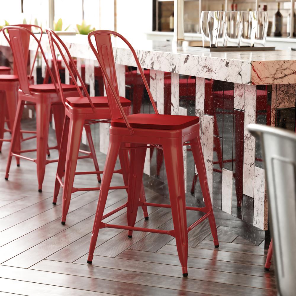 24″ High Red Metal Indoor-Counter Height Stool with Removable Back