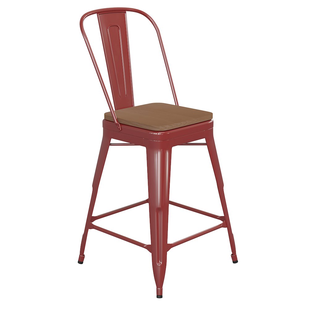 24″ High Red Metal Indoor-Counter Height Stool with Removable Back