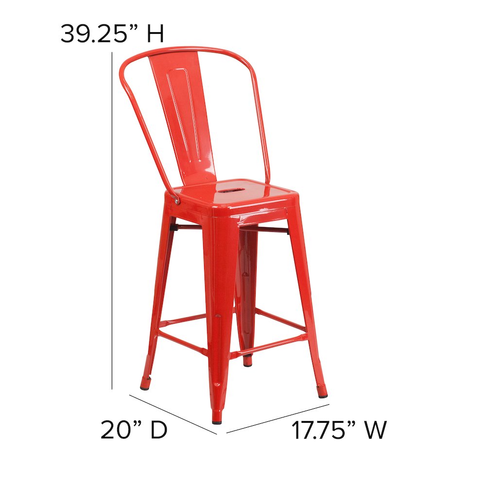 24″ High Red Metal Indoor-Counter Height Stool with Removable Back