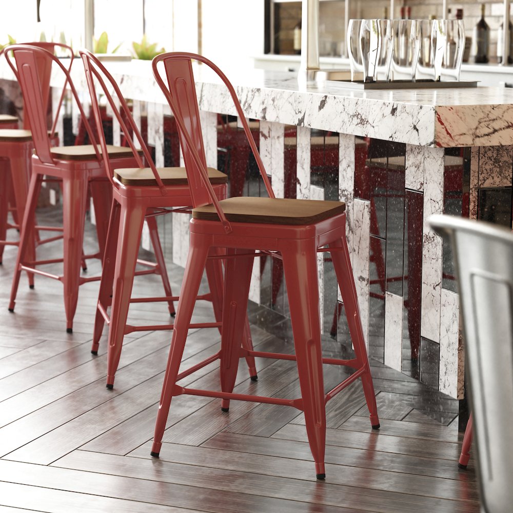 24″ High Red Metal Indoor-Counter Height Stool with Removable Back