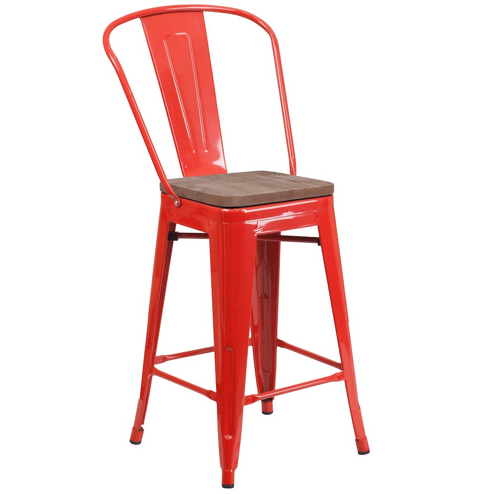 24″ High Red Metal Counter Height Stool with Back and Wood Seat