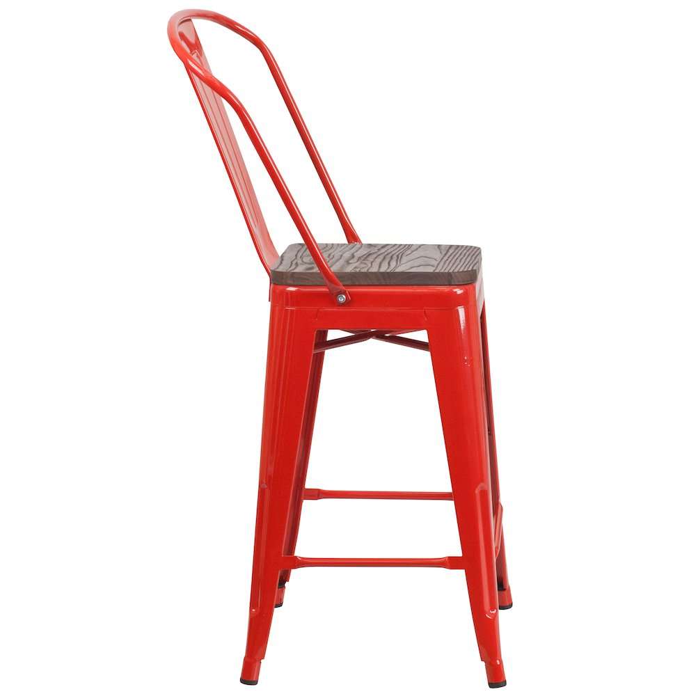 24″ High Red Metal Counter Height Stool with Back and Wood Seat