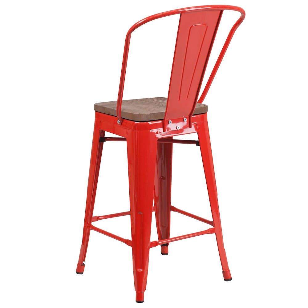 24″ High Red Metal Counter Height Stool with Back and Wood Seat