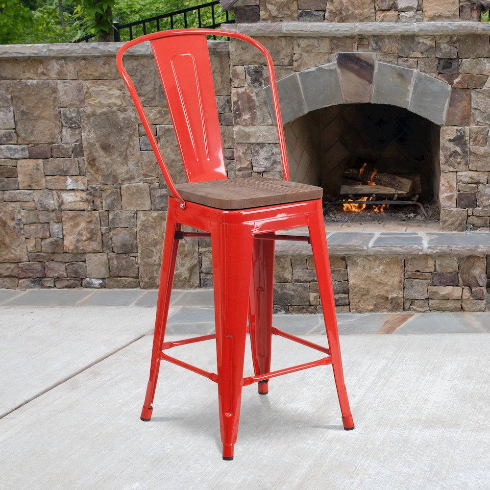 24″ High Red Metal Counter Height Stool with Back and Wood Seat