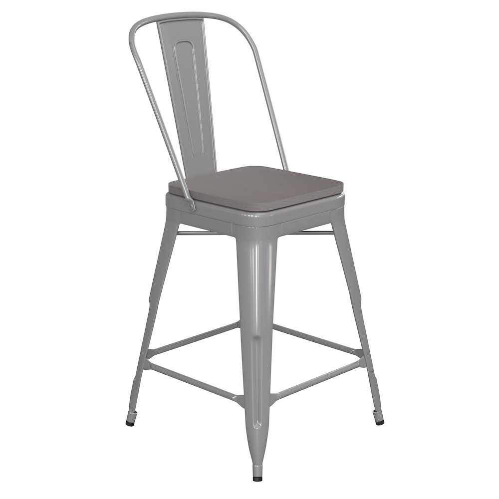 24″ High Silver Metal Indoor-Counter Height Stool with Removable Back