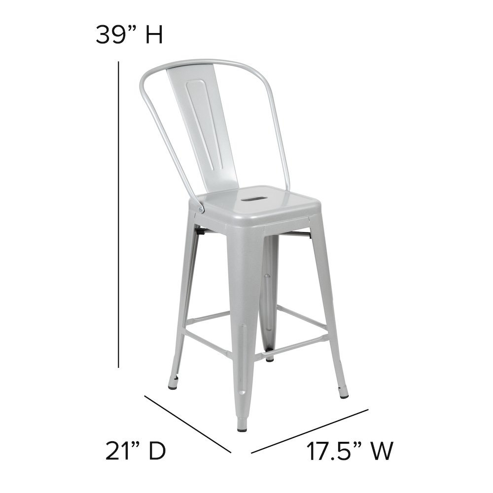 24″ High Silver Metal Indoor-Counter Height Stool with Removable Back