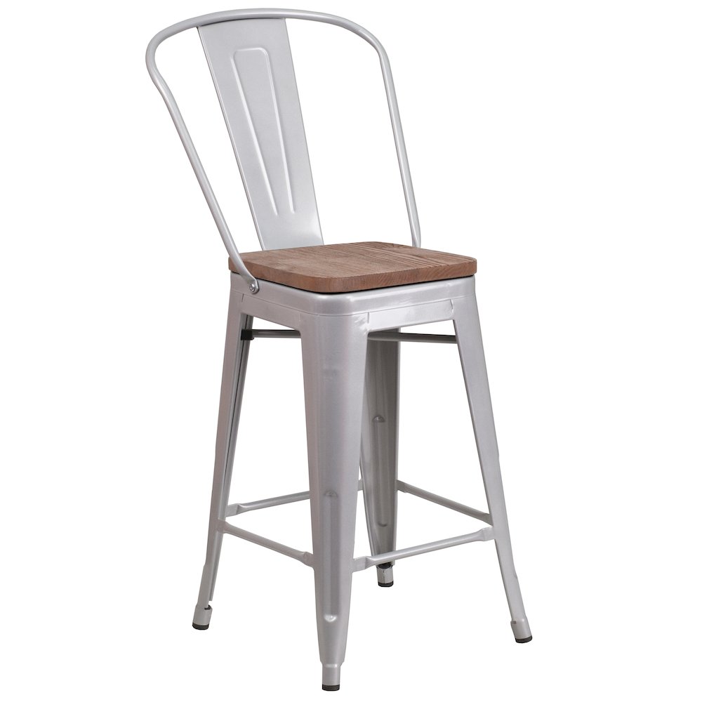 24″ High Silver Metal Counter Height Stool with Back and Wood Seat